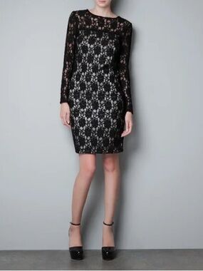ZARA Black Lace Sheath Dress – Elegant Long Sleeve Cocktail/Evening